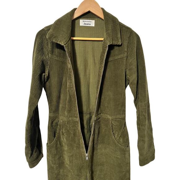 Reformation Jeans Front Zip Carolina Corduroy Jumpsuit Size 0 Army Green - Picture 3 of 10